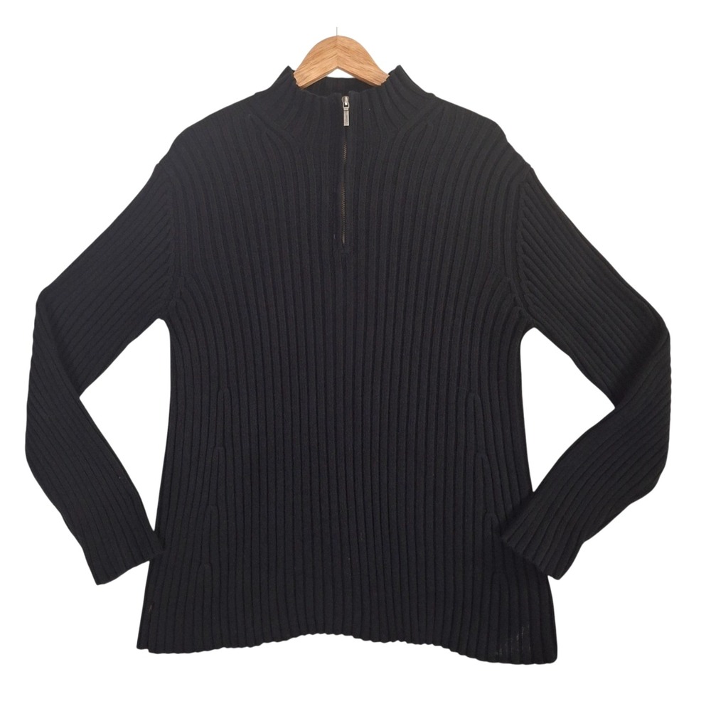 Lauren Ralph Lauren Ribbed 1/4 Zip Sweater Womens XL Black Cotton Mock Neck